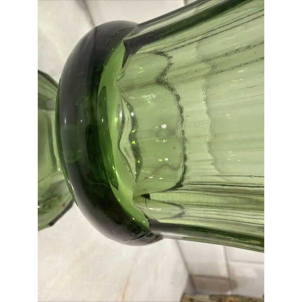 Vintage Avocado Glass Vase 6" tall Ribbed Pedestal Scalloped Edge Round ES051 - Picture 5 of 8